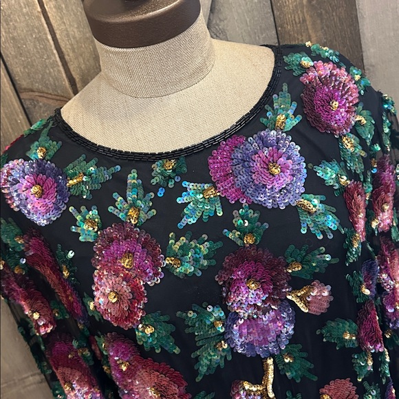 Vintage Laurence Kazar 2X Silk Sequin Floral Sheer Sleeve Blouse Top Black - Picture 4 of 11